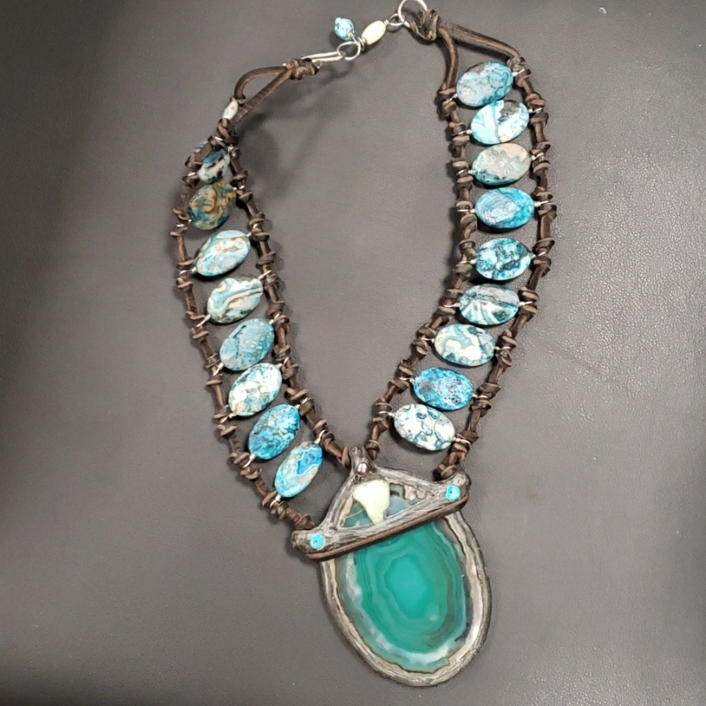 Genuine stone necklace turquoise ,black pearls,